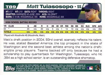 2004 Topps Traded & Rookies #T89 Matt Tuiasosopo Back