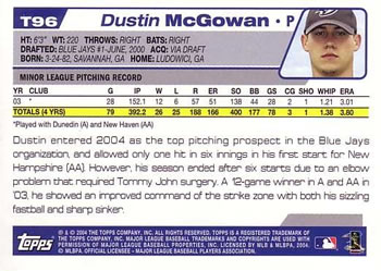 2004 Topps Traded & Rookies #T96 Dustin McGowan Back
