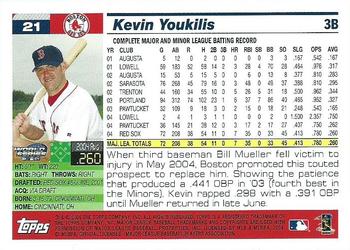 2004 Topps World Champions Boston Red Sox #21 Kevin Youkilis Back