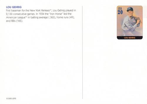 2000 USPS Legends of Baseball Postcards - Prepaid Postcard #NNO Lou Gehrig Back