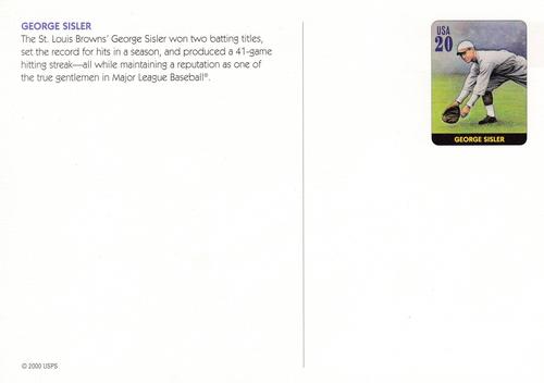 2000 USPS Legends of Baseball Postcards - Prepaid Postcard #NNO George Sisler Back