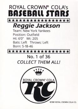 1981 Royal Crown Cola Baseball Stars (unlicensed) #1 Reggie Jackson Back