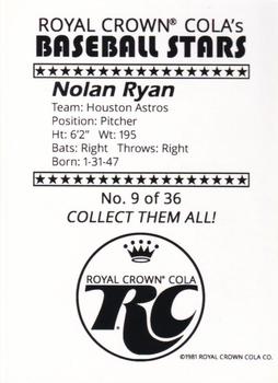 1981 Royal Crown Cola Baseball Stars (unlicensed) #9 Nolan Ryan Back