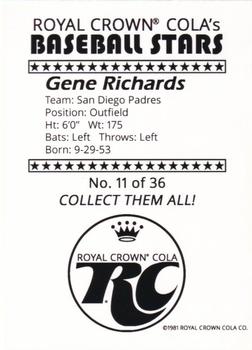 1981 Royal Crown Cola Baseball Stars (unlicensed) #11 Gene Richards Back