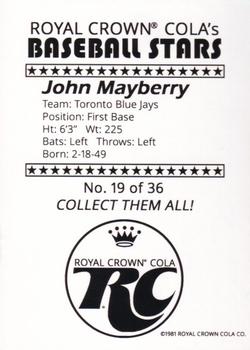 1981 Royal Crown Cola Baseball Stars (unlicensed) #19 John Mayberry Back