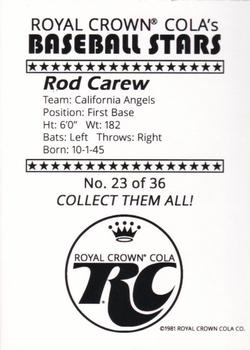 1981 Royal Crown Cola Baseball Stars (unlicensed) #23 Rod Carew Back