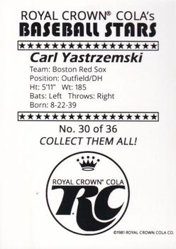 1981 Royal Crown Cola Baseball Stars (unlicensed) #30 Carl Yastrzemski Back