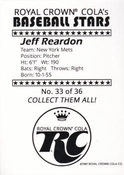 1981 Royal Crown Cola Baseball Stars (unlicensed) #33 Jeff Reardon Back