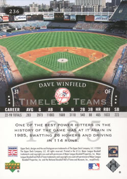 2004 Upper Deck Legends Timeless Teams #236 Dave Winfield Back