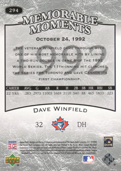 2004 Upper Deck Legends Timeless Teams #294 Dave Winfield Back