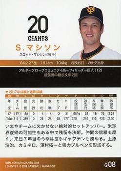 2018 BBM Yomiuri Giants #G08 Scott Mathieson Back
