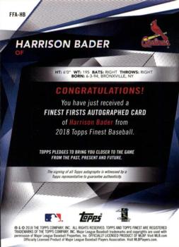 2018 Finest - Finest Firsts Autographs Gold #FFA-HB Harrison Bader Back