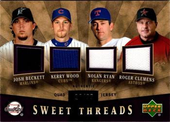 2004 Upper Deck Sweet Spot - Sweet Threads Quad Jersey #STQ-BWRC Josh Beckett / Kerry Wood / Nolan Ryan / Roger Clemens Front