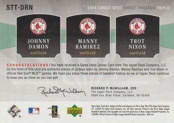 2004 Upper Deck Sweet Spot - Sweet Threads Triple Jersey #STT-DRN Johnny Damon / Manny Ramirez / Trot Nixon Back