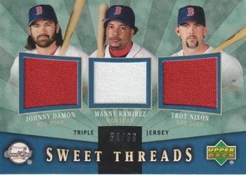 2004 Upper Deck Sweet Spot - Sweet Threads Triple Jersey #STT-DRN Johnny Damon / Manny Ramirez / Trot Nixon Front