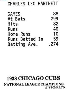 1976 TCMA 1938 Chicago Cubs #NNO Gabby Hartnett Back