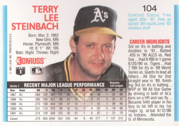 1992 Donruss #104 Terry Steinbach Back