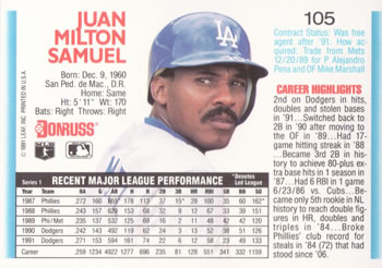 1992 Donruss #105 Juan Samuel Back