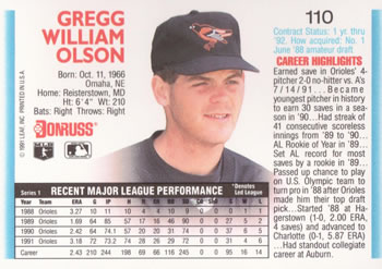 1992 Donruss #110 Gregg Olson Back