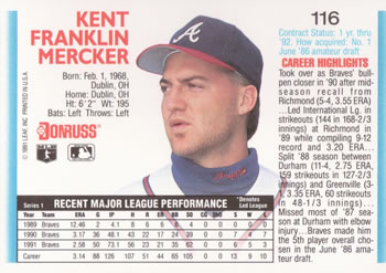 1992 Donruss #116 Kent Mercker Back