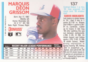 1992 Donruss #137 Marquis Grissom Back