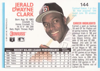 1992 Donruss #144 Jerald Clark Back