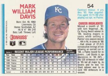 1992 Donruss #54 Mark Davis Back