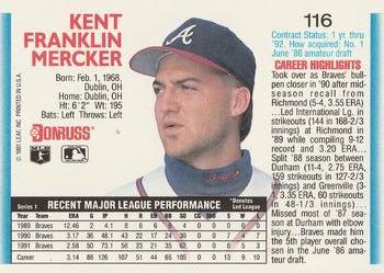 1992 Donruss #116 Kent Mercker Back