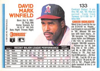 1992 Donruss #133 Dave Winfield Back