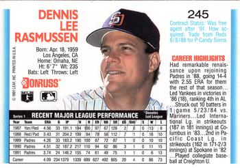 1992 Donruss #245 Dennis Rasmussen Back