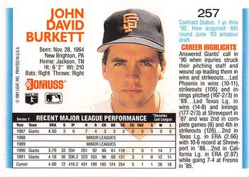 1992 Donruss #257 John Burkett Back