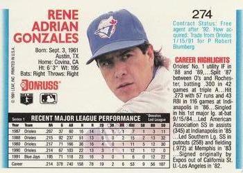 1992 Donruss #274 Rene Gonzales Back
