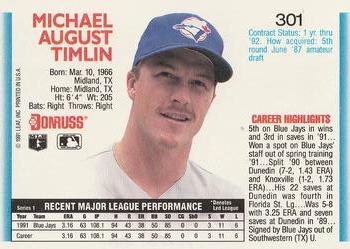 1992 Donruss #301 Mike Timlin Back