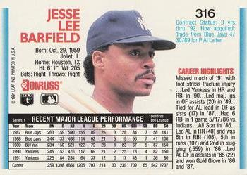 1992 Donruss #316 Jesse Barfield Back