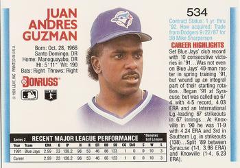 1992 Donruss #534 Juan Guzman Back