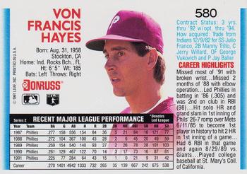 1992 Donruss #580 Von Hayes Back