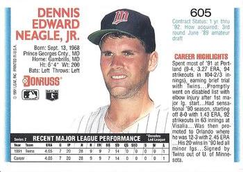 1992 Donruss #605 Denny Neagle Back