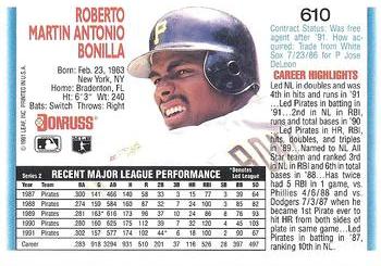 1992 Donruss #610 Bobby Bonilla Back