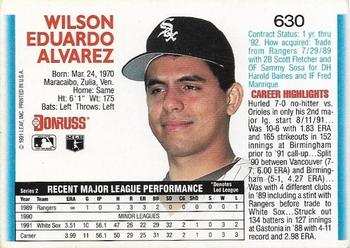 1992 Donruss #630 Wilson Alvarez Back