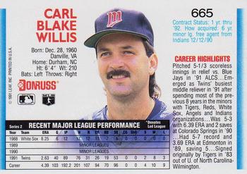 1992 Donruss #665 Carl Willis Back