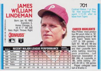 1992 Donruss #701 Jim Lindeman Back