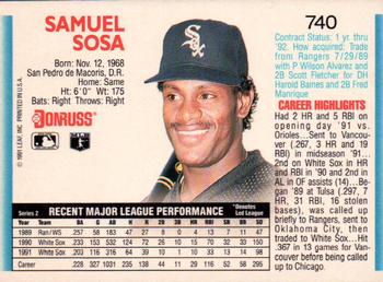 1992 Donruss #740 Sammy Sosa Back