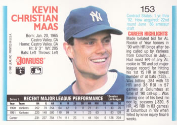 1992 Donruss #153 Kevin Maas Back