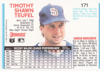 Tim Teufel autographed Baseball Card (San Diego Padres, 67) 1992 Fleer #622