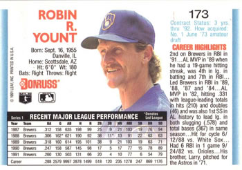 1992 Donruss #173 Robin Yount Back