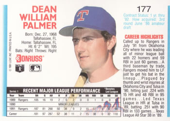 1992 Donruss #177 Dean Palmer Back