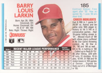 1992 Donruss #185 Barry Larkin Back