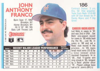 1992 Donruss #186 John Franco Back