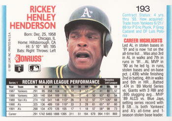 1992 Donruss #193 Rickey Henderson Back