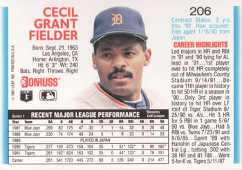1992 Donruss #206 Cecil Fielder Back